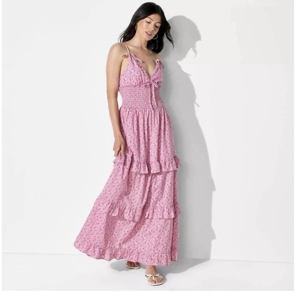 Wild Fable Women’s Pink Maxi Dress XS Tiered Ruffle Floral Ditsy Cute Party